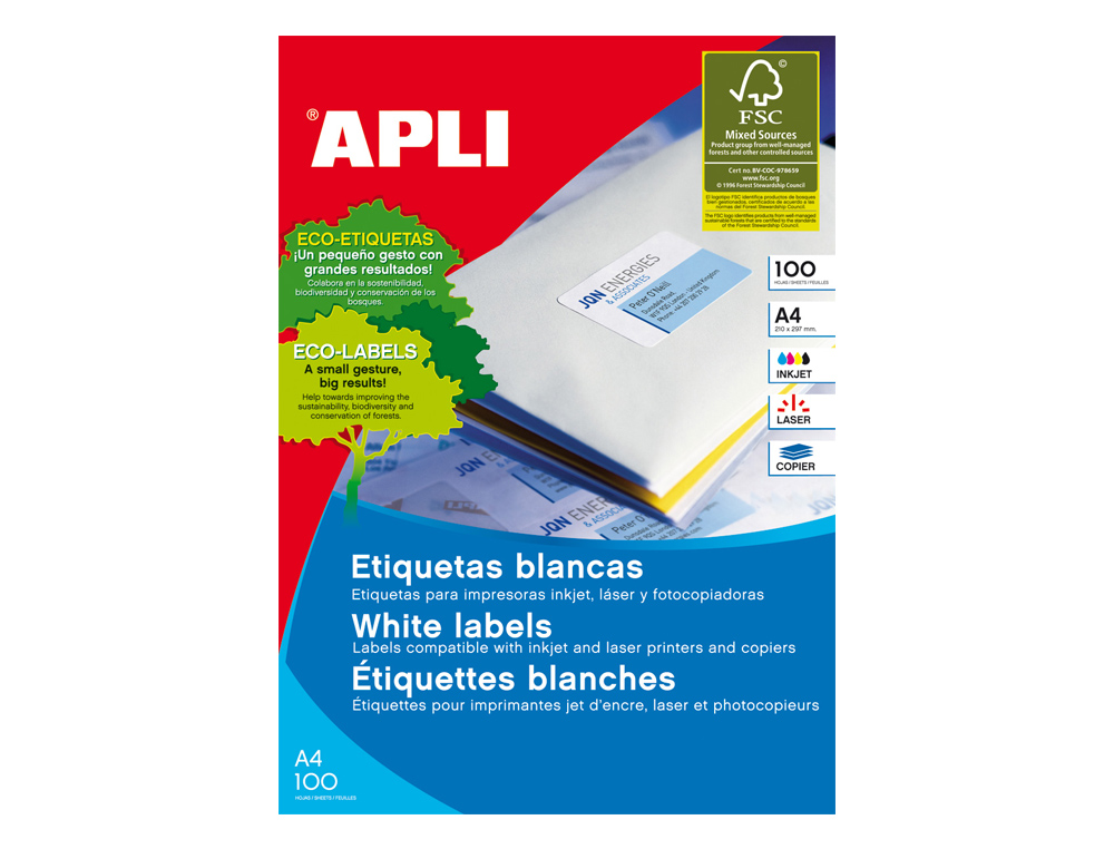 ETIQUETA ADHESIVA APLI 1276 TAMAÑO 70X42,4 MM PARA FOTOCOPIADORA LASER INK-JET CAJA CON 100 HOJAS DIN A4