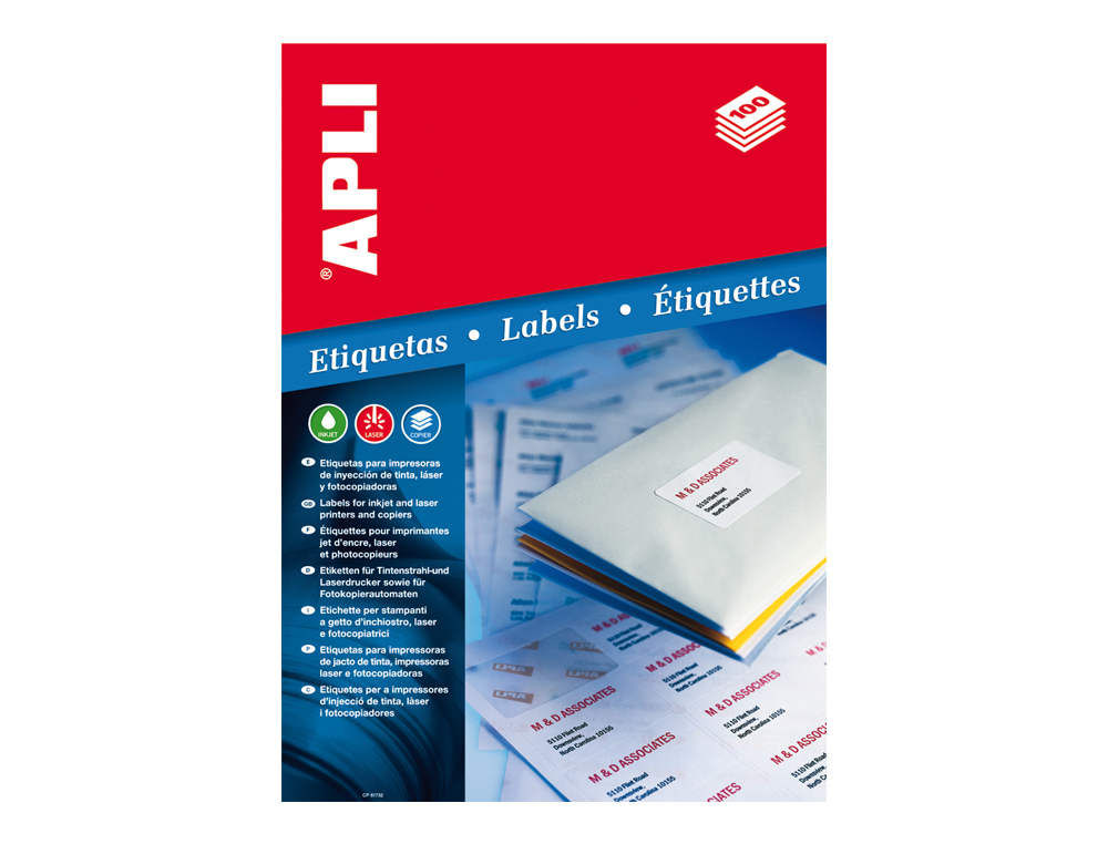 ETIQUETA ADHESIVA APLI 1278 TAMAÑO 105X57 MM PARA FOTOCOPIADORA LASER INK-JET CAJA CON 100 HOJAS DIN A4