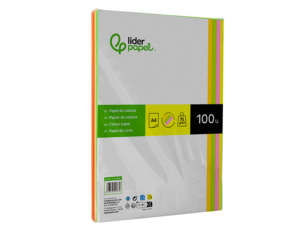 PAPEL COLOR LIDERPAPEL A4 75GR NEON 4 COLORES SURTIDOS PAQUETE DE 100 HOJAS