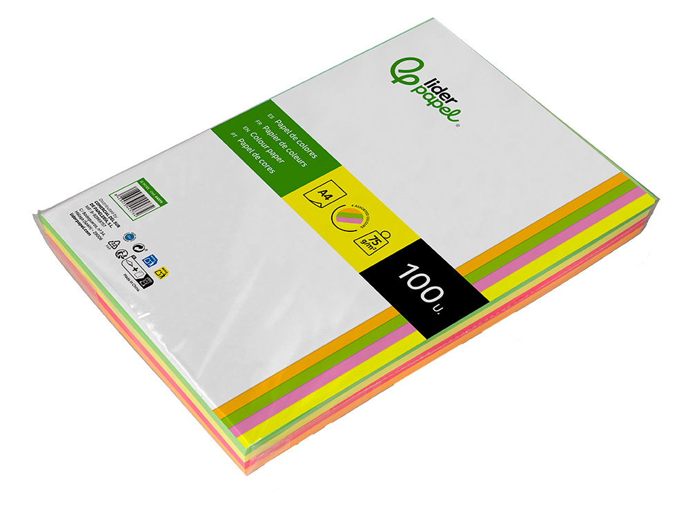 PAPEL COLOR LIDERPAPEL A4 75GR NEON 4 COLORES SURTIDOS PAQUETE DE 100 HOJAS