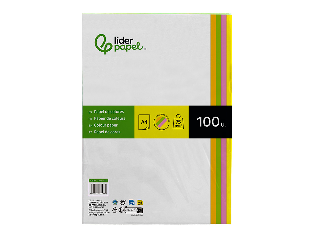 PAPEL COLOR LIDERPAPEL A4 75GR NEON 4 COLORES SURTIDOS PAQUETE DE 100 HOJAS