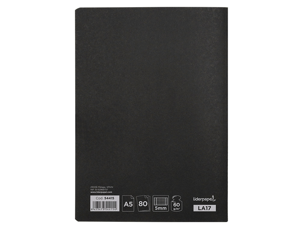 LIBRETA LIDERPAPEL TAPA NEGRA A5 80 HOJAS 60GR CUADRO 5MM CON DOBLE MARGEN