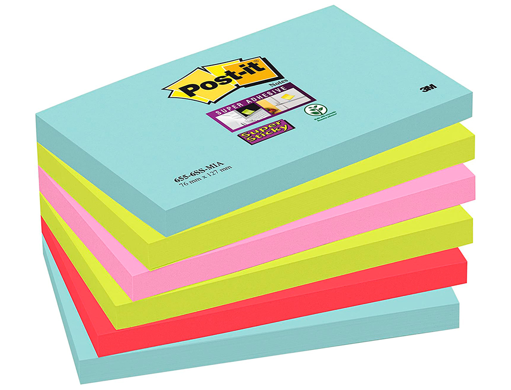 BLOC DE NOTAS ADHESIVAS QUITA Y PON POST-IT SUPER STICKY 76X127 MM CON 90 HOJAS PACK DE 6 UNIDADES COLORES MIAMI