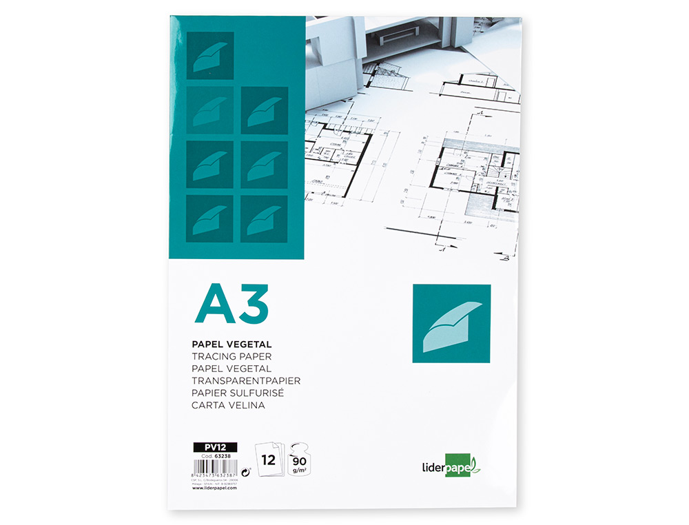 PAPEL VEGETAL LIDERPAPEL A3 90GR 297X420MM SOBRE DE 12 HOJAS