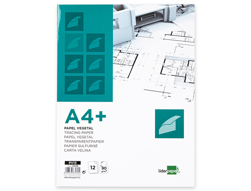 PAPEL VEGETAL LIDERPAPEL A4+ 90 GR 240X320MM SOBRE DE 12 HOJAS