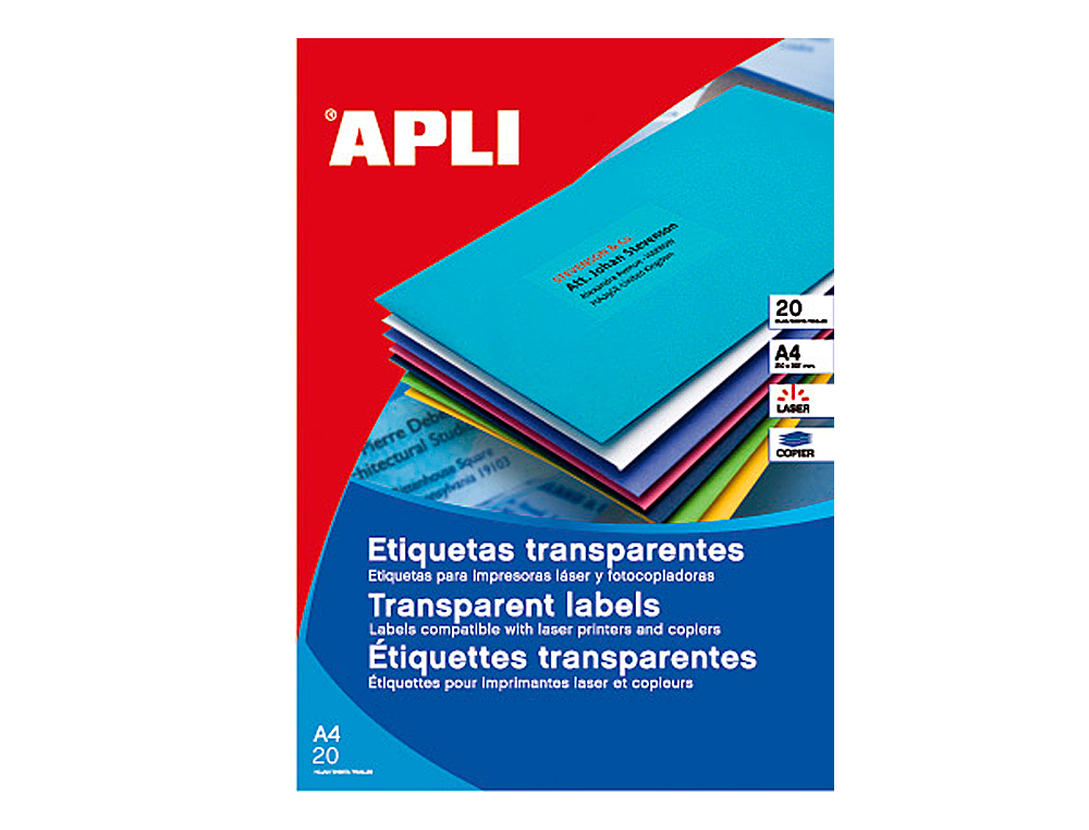 ETIQUETA ADHESIVA APLI 1224 TRANSPARENTES TAMAÑO 70X37 MM PARA FOTOCOPIADORA LASER CAJA 20 HOJAS CON 480 ETIQUETAS