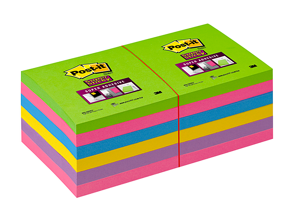 BLOC DE NOTAS ADHESIVAS QUITA Y PON POST-IT SUPER STICK ULTRA 76X76 MM PACK DE 12 BLOC VERDE ROSA AMARILLA