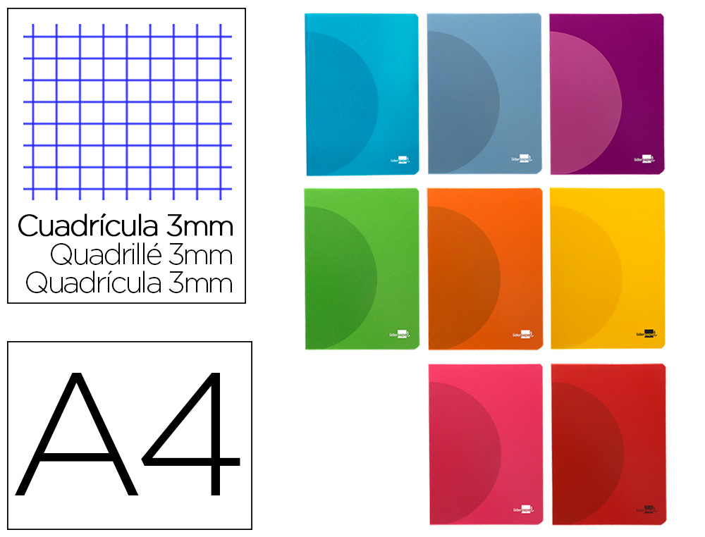 LIBRETA LIDERPAPEL 360 TAPA DE PLASTICO A4 48 HOJAS 90GR CUADRO 3MM CON MARGEN COLORES SURTIDOS