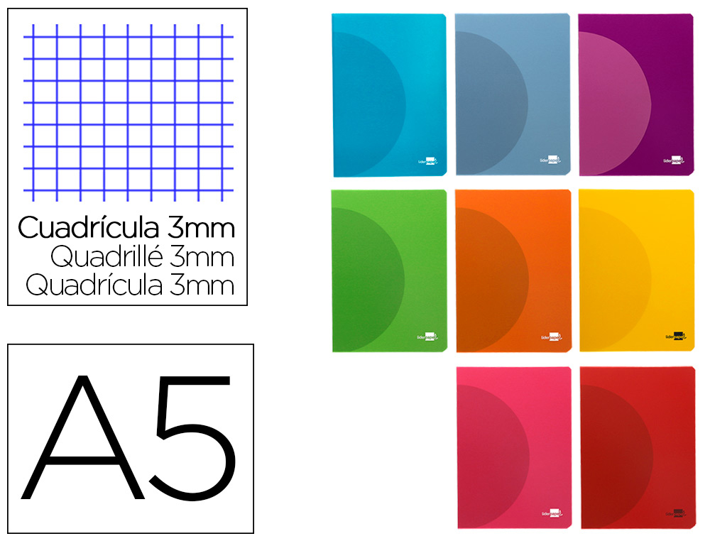 LIBRETA LIDERPAPEL 360 TAPA DE PLASTICO A5 48 HOJAS 90GR CUADRO 3MM CON MARGEN COLORES SURTIDOS