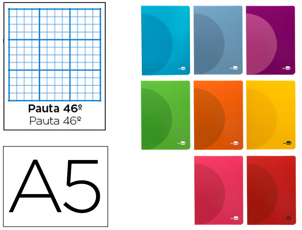 LIBRETA LIDERPAPEL 360 TAPA DE PLASTICO A5 48 HOJAS 90GR RAYADO N46 COLORES SURTIDOS