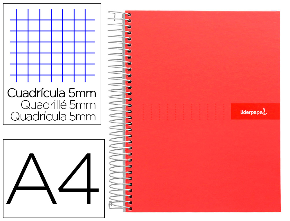CUADERNO ESPIRAL LIDERPAPEL A4 MICRO CRAFTY TAPA FORRADA 120H 90GR CUADRO 5MM 5 BANDAS 4 COLORES COLOR ROJO