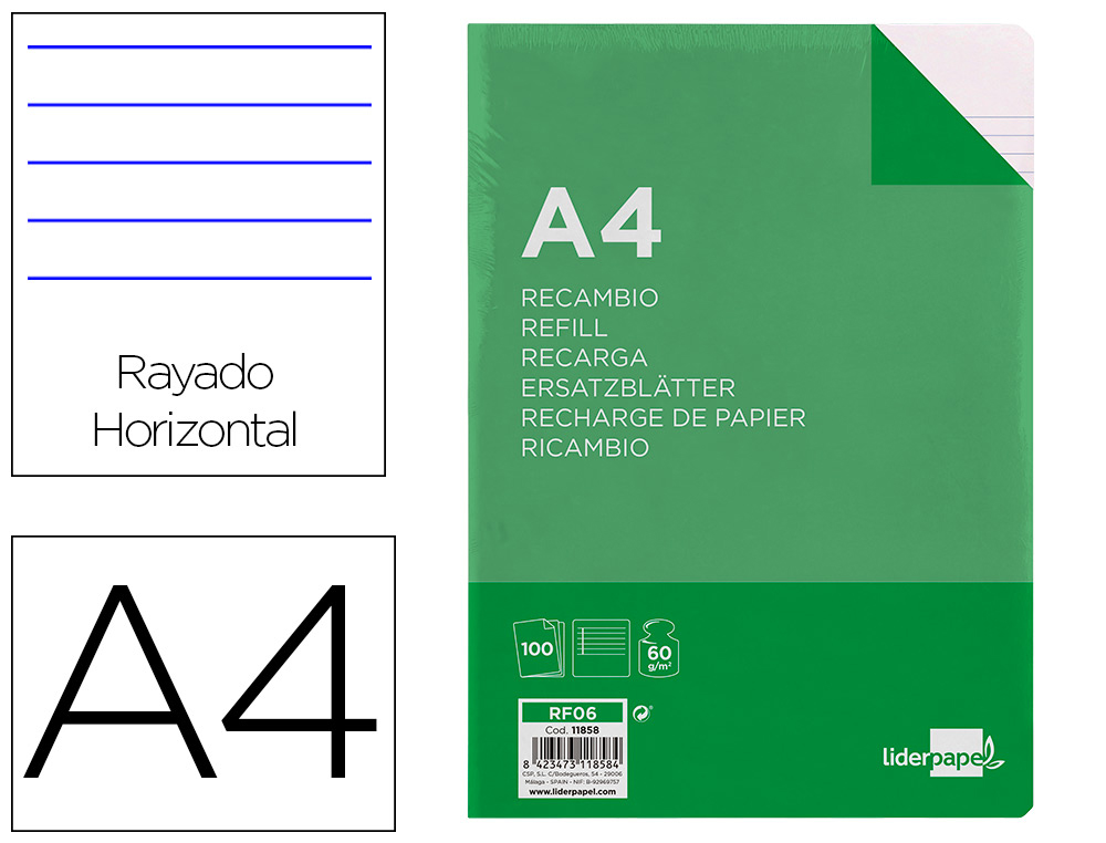 RECAMBIO LIDERPAPEL A4 100 HOJAS 60GR HORIZONTAL CON MARGEN 4 TALADROS