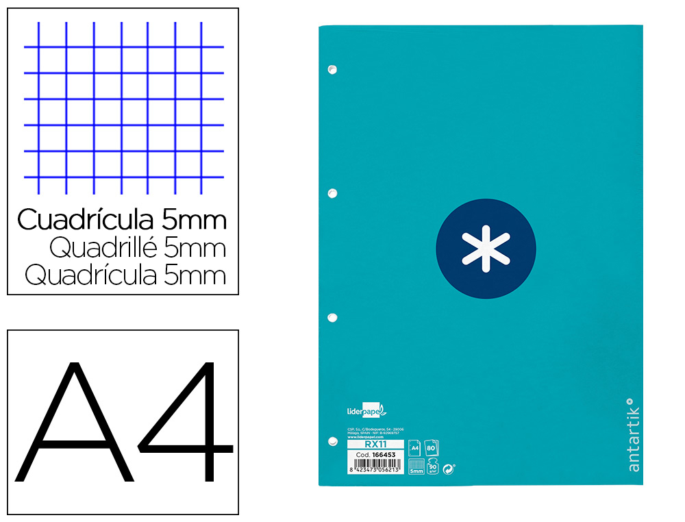RECAMBIO ANTARTIK A4 80 HOJAS 90GR CUADRO 5MM 4 TALADROS 1 BANDA CON MARCO COLOR TURQUESA