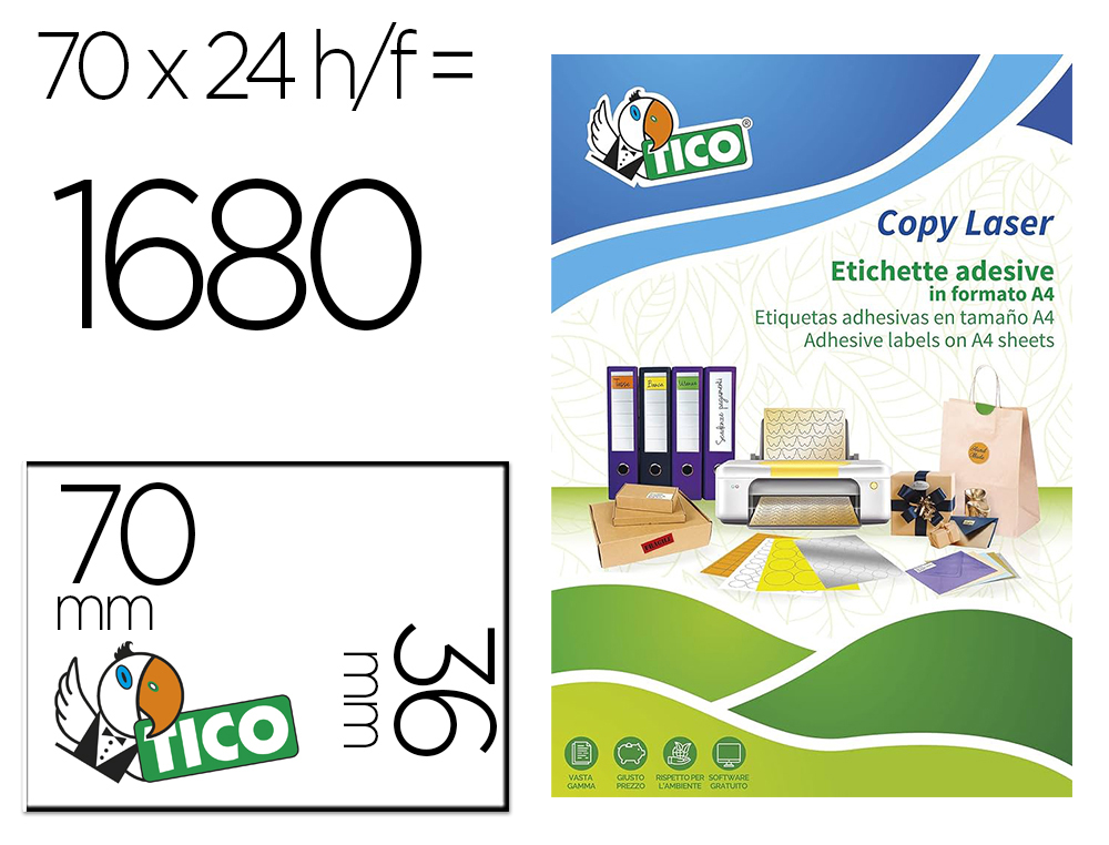 ETIQUETA ADHESIVA TICO NARANJA FLUOR PERMANENTE FSC LASER/INKJET/FOTOCOPIA 70X36 MM CAJA DE 1680 UNIDADES