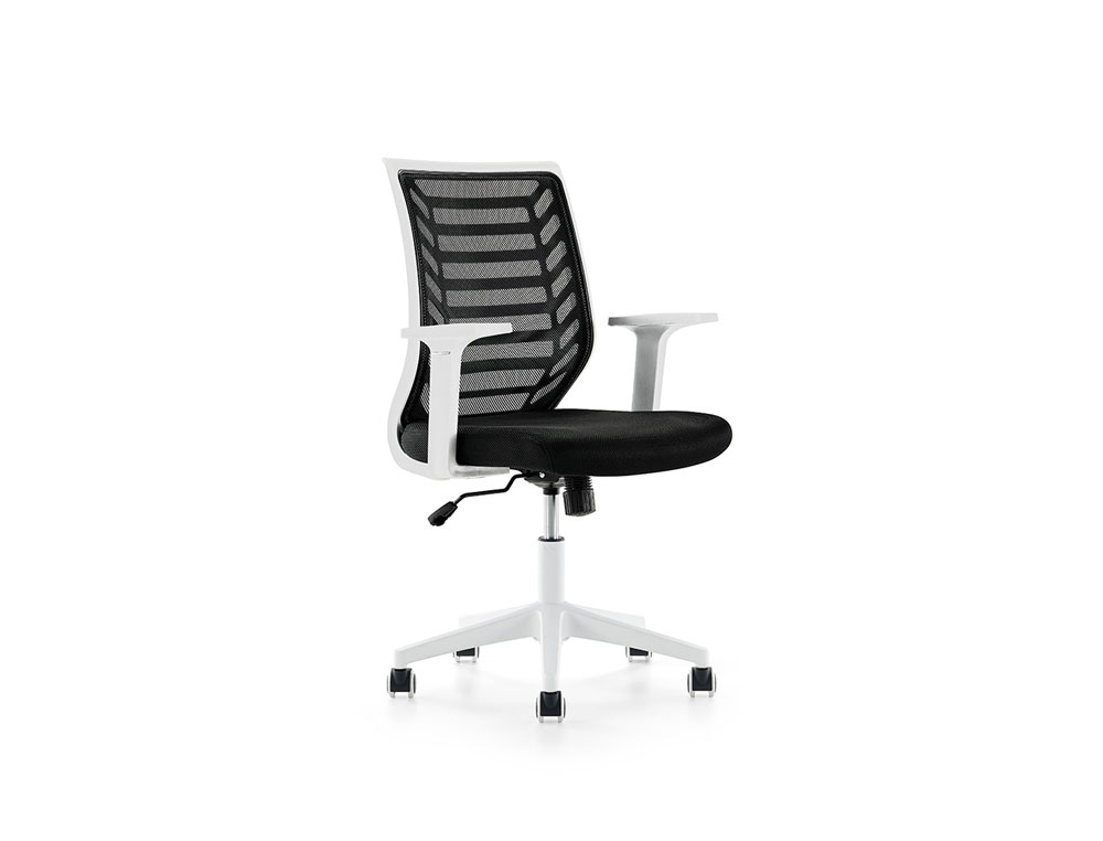 SILLA ROCADA DE OFICINA BRAZOS REGULABLES ESTRUCTURA BLANCA RESPALDO MALLA Y ASIENTO TELA IGNIFUGA NEGRO