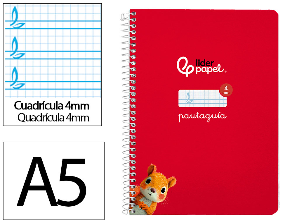 CUADERNO ESPIRAL LIDERPAPEL A5 PAUTAGUIA TAPA DURA 80H 90GR CUADRO PAUTADO 4MM COLOR ROJO