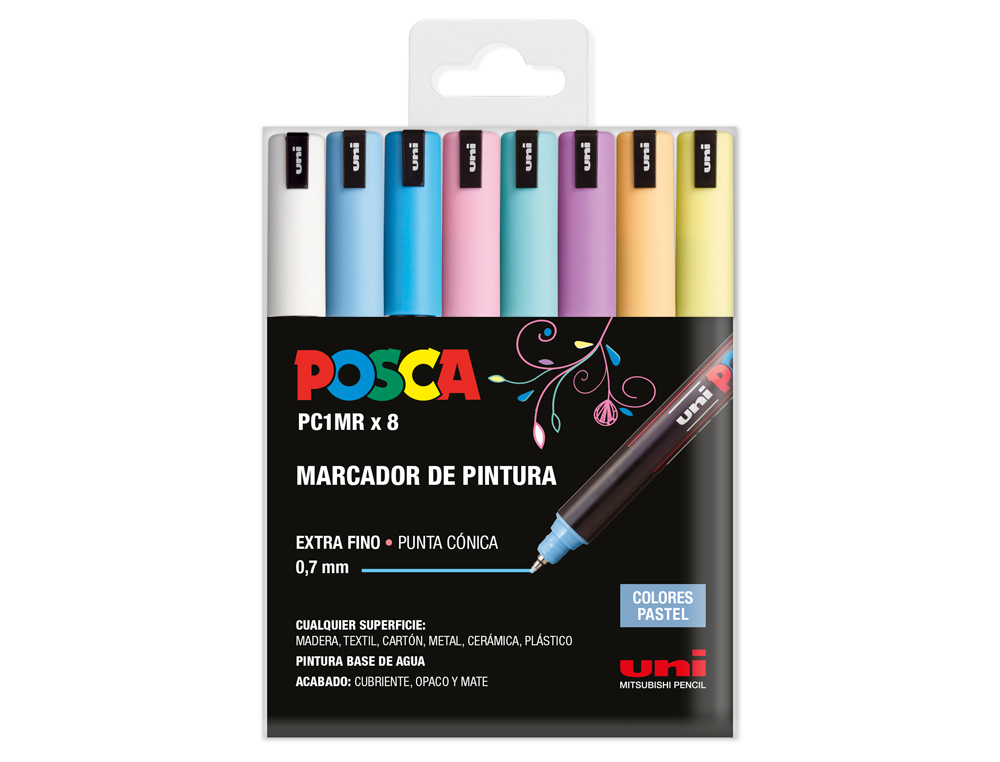 ROTULADOR UNI POSCA PC-1M MARCADOR DE PINTURA PUNTA EXTRAFINA 0,7 MM BLISTER DE 8 UNIDADES COLORES PASTEL