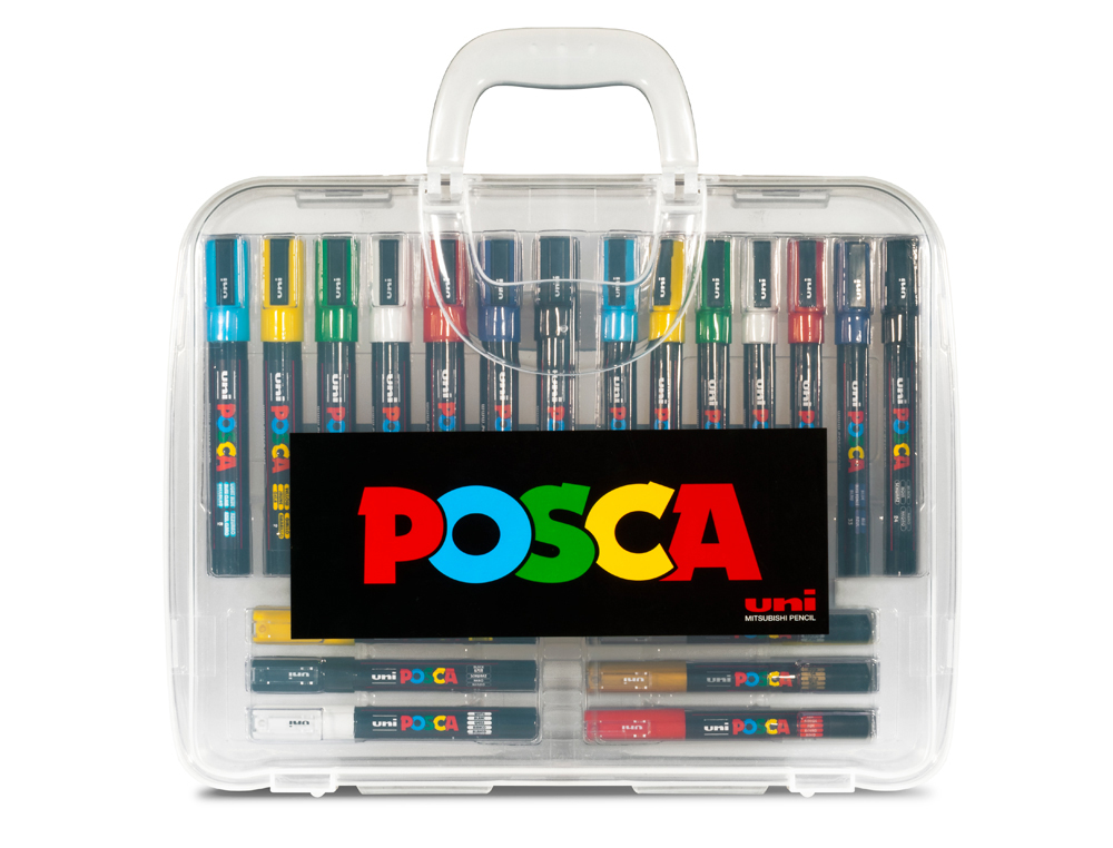 ROTULADOR UNI POSCA MARCADOR DE PINTURA PUNTA CONICA MALETIN PVC DE 20 UNIDADES COLORES SURTIDOS