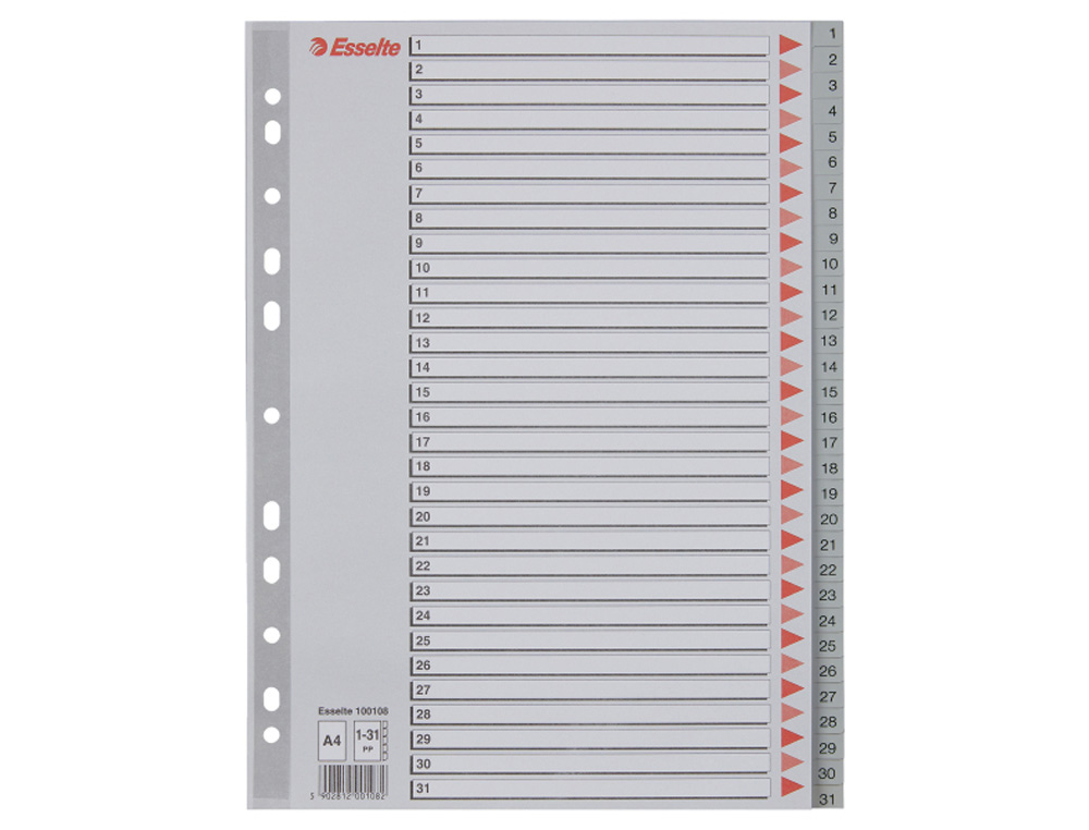 SEPARADOR NUMERICO ESSELTE PLASTICO 1-31 JUEGO DE 31 SEPARADORES DIN A4 MULTITALADRO COLOR GRIS