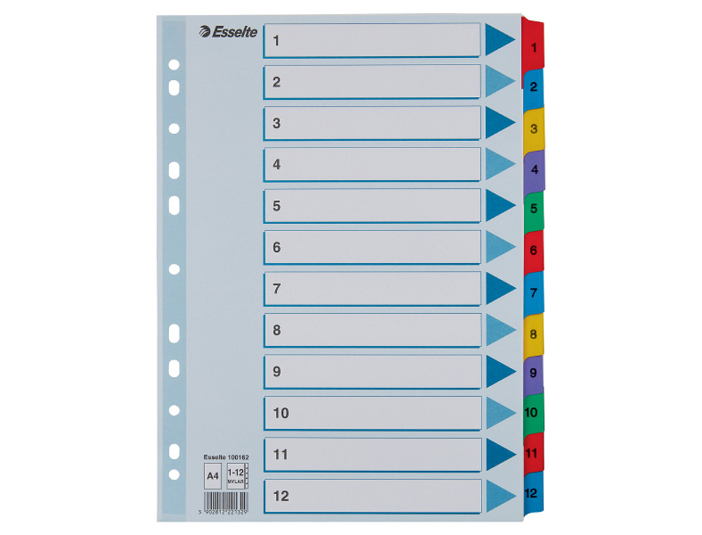 SEPARADOR NUMERICO ESSELTE CARTULINA MYLAR BORRA 1-12 JUEGO DE 12 SEPARADORES DIN A4 MULTITALADRO MULTICOLOR
