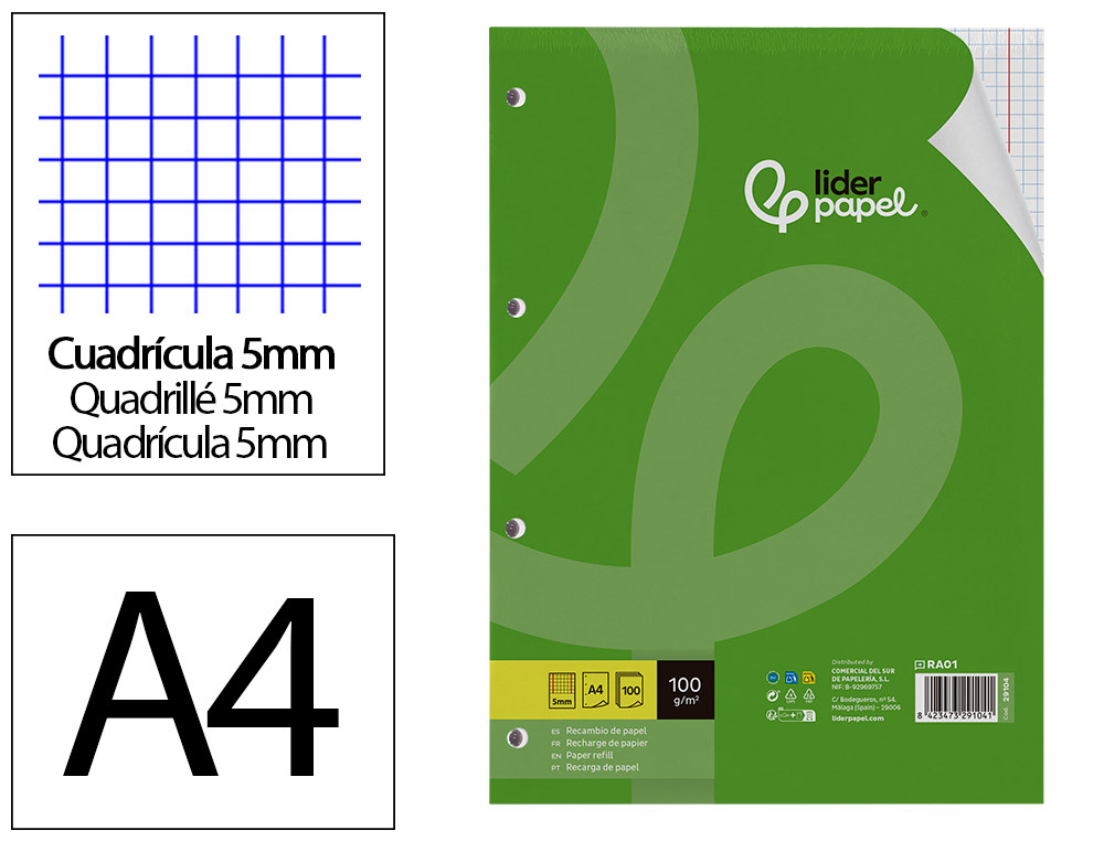 RECAMBIO LIDERPAPEL A4 100 HOJAS 100GR CUADRO 5MM CON DOBLE MARGEN 4 TALADROS