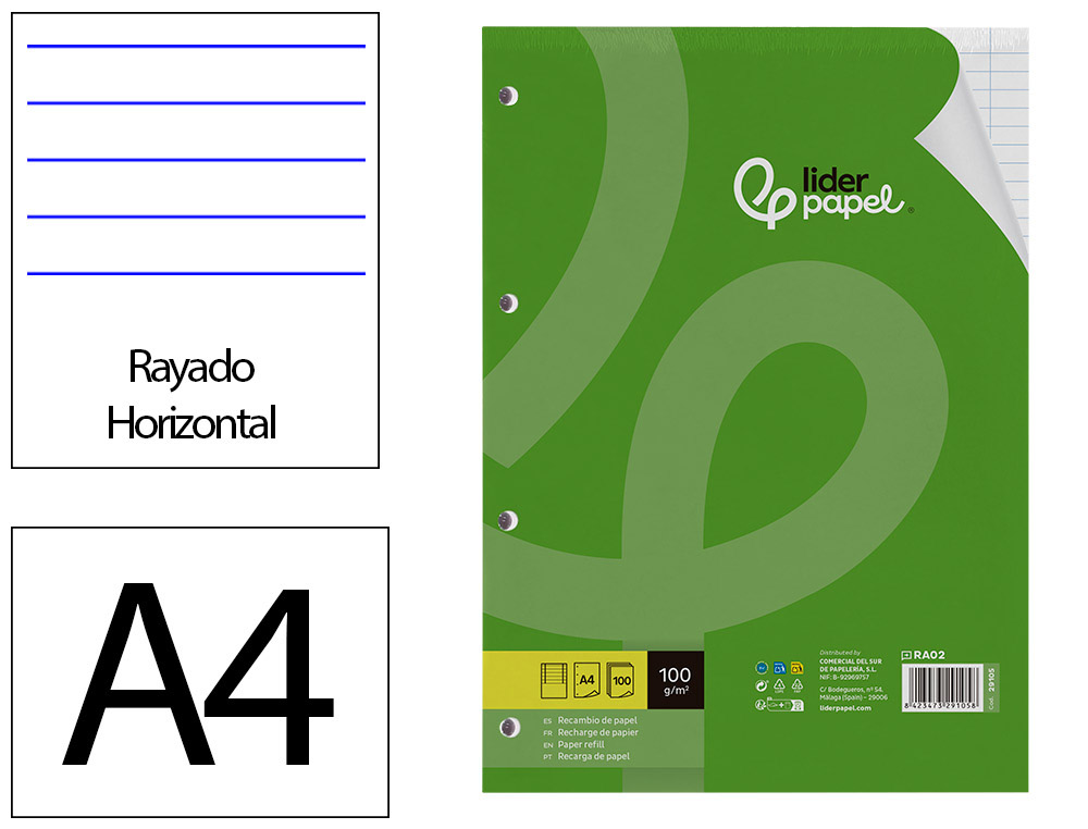 RECAMBIO LIDERPAPEL A4 100 HOJAS 100GR HORIZONTAL CON DOBLE MARGEN 4 TALADROS