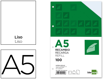 RECAMBIO LIDERPAPEL A5 100H 100GR LISO DOBLE MARGEN 6 TALADROS