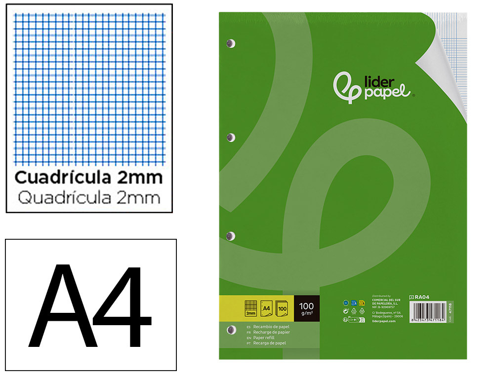 RECAMBIO LIDERPAPEL A4 100 HOJAS 100GR MILIMETRADO 2MM SIN MARGEN 4 TALADROS