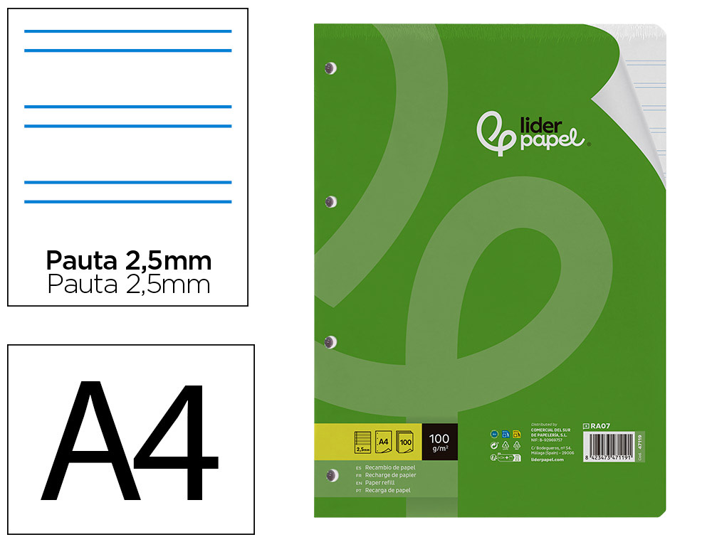 RECAMBIO LIDERPAPEL A4 100 HOJAS 100GR PAUTA 5 2.5MM C ON MARGEN 4 TALADROS