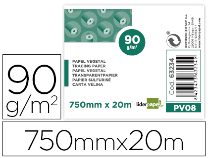 PAPEL VEGETAL LIDERPAPEL 750MMX20M 90GR ROLLO ROLLO