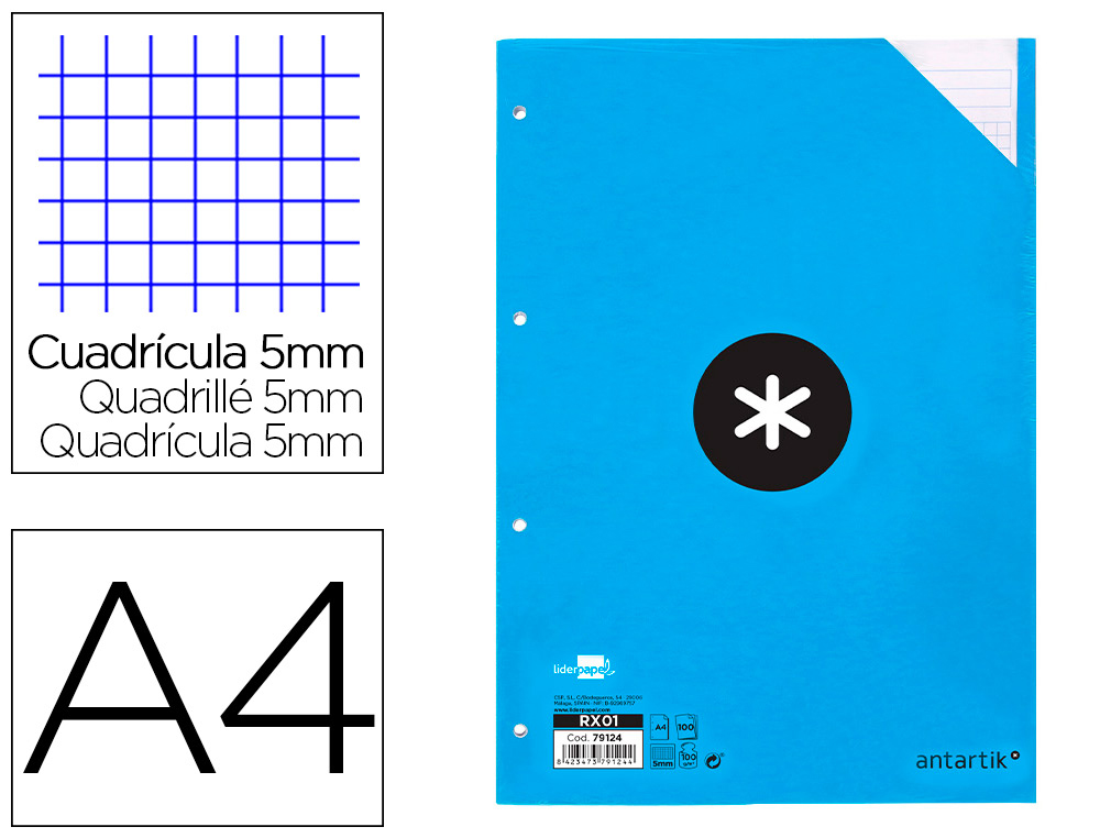RECAMBIO ANTARTIK A4 100 HOJAS 90GR CUADRO 5 MM 4 TALADROS BANDAS DE 5 COLORES
