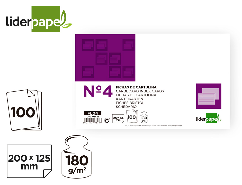FICHA LIDERPAPEL LISA N4 125X200MM 180GR PAQUETE DE 100 UNIDADES