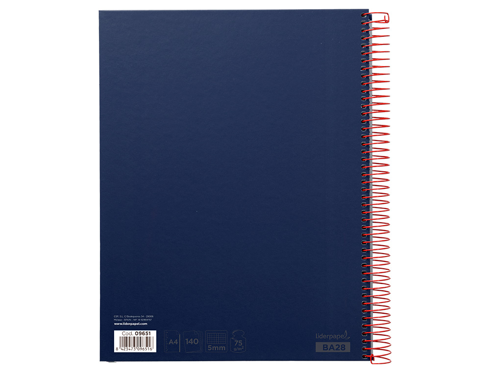CUADERNO ESPIRAL LIDERPAPEL A4 MICRO JOLLY TAPA FORRADA 140H 75 GR CUADRO 5MM 5 BANDAS 4 TALADROS COLOR AZUL