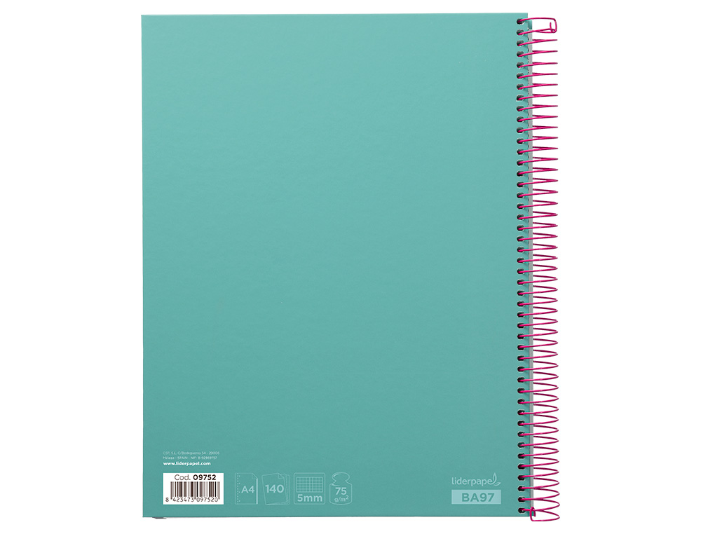 CUADERNO ESPIRAL LIDERPAPEL A4 MICRO JOLLY TAPA FORRADA 140H 75GR CUADRO 5MM 5 BANDAS 4 TALADROS COLOR TURQUESA
