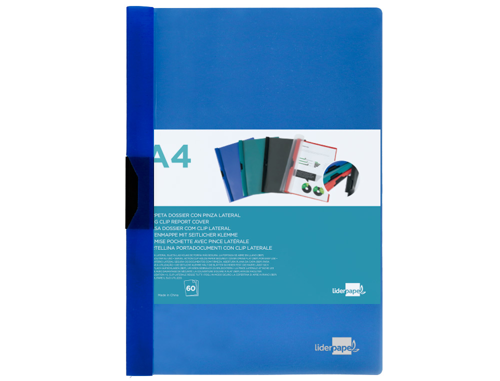 CARPETA LIDERPAPEL DOSSIER PINZA LATERAL POLIPROPILENO DIN A4 AZUL TRANSLUCIDO 60 HOJAS PINZA DESLIZANTE
