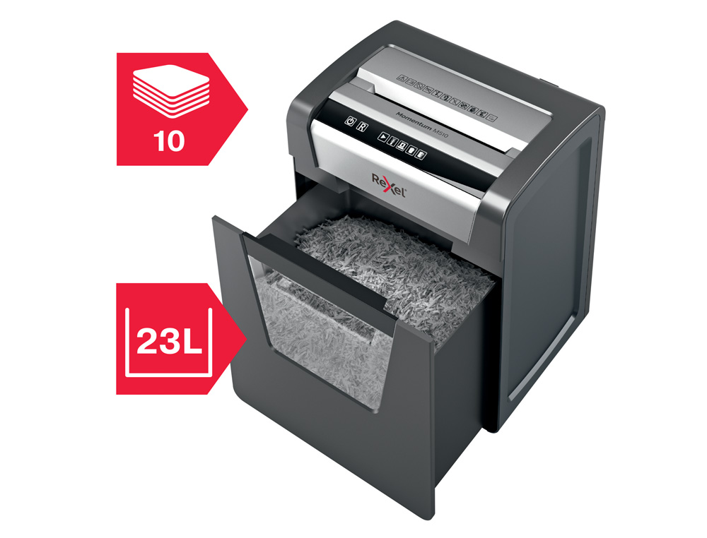 DESTRUCTORA DE DOCUMENTOS REXEL MOMENTUM M510 CAPACIDAD DE CORTE 10 HOJAS DESTRUYE GRAPAS Y CLIPS PAPELERA 23 L