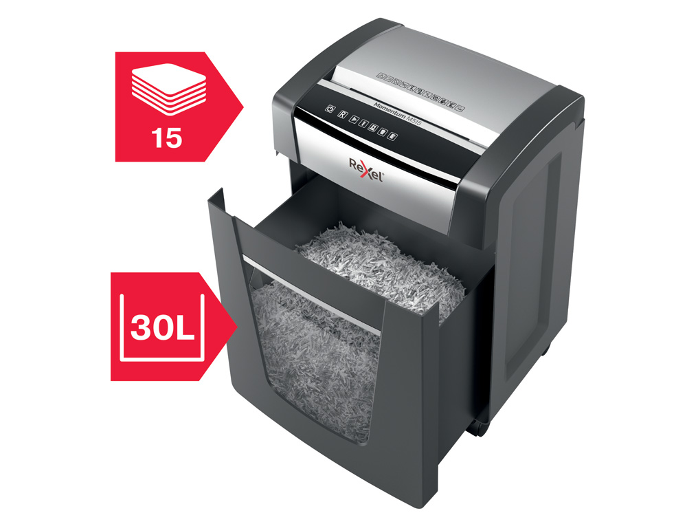 DESTRUCTORA DE DOCUMENTOS REXEL MOMENTUM M515 CAPACIDAD DE CORTE 15 HOJAS DESTRUYE GRAPAS Y CLIPS PAPELERA 30 L