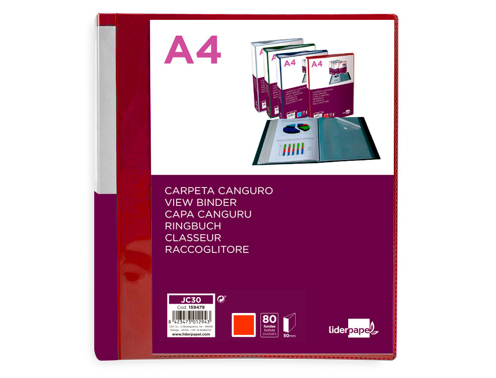 CARPETA LIDERPAPEL 80 FUNDAS CANGURO PP DIN A4 ROJO TRANSLUCIDO PORTADA Y LOMO PERSONALIZABLE