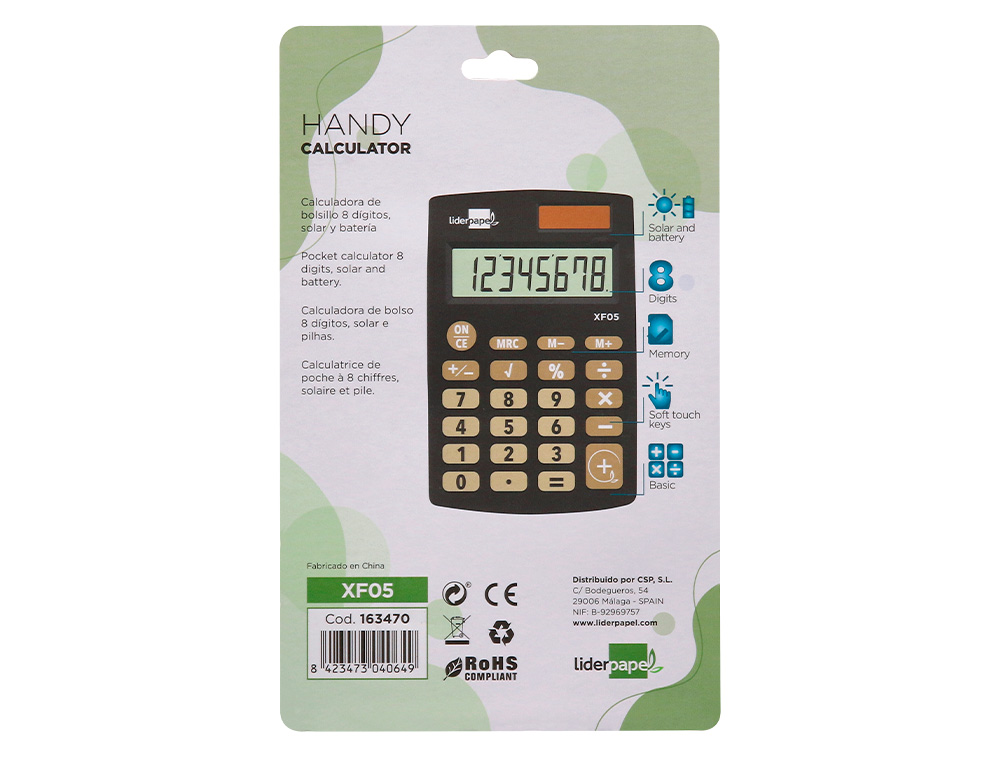 CALCULADORA LIDERPAPEL BOLSILLO XF05 8 DIGITOS SOLAR Y PILAS COLOR NEGRO 98X62X8 MM