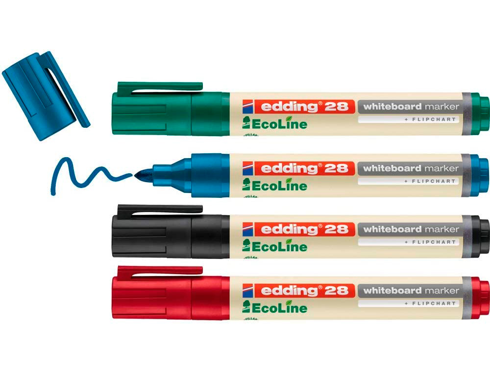 ROTULADOR EDDING 28 PARA PIZARRA BLANCA ECOLINE 90% RECICLADO BOLSA 4 COLORES SURTIDOS PUNTA REDONDA 1,5-3