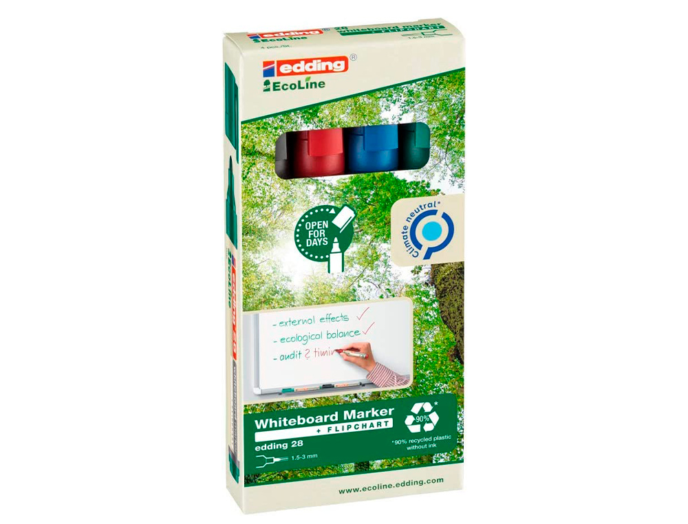 ROTULADOR EDDING 28 PARA PIZARRA BLANCA ECOLINE 90% RECICLADO BOLSA 4 COLORES SURTIDOS PUNTA REDONDA 1,5-3
