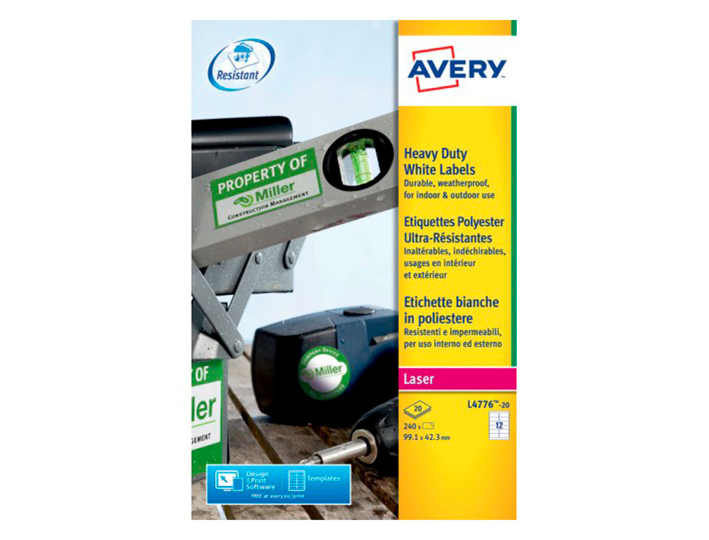 ETIQUETA ADHESIVA RESISTENTE AVERY POLIESTER BLANCO LASER 99,1X42,3 MM CAJA DE 240 UNIDADES
