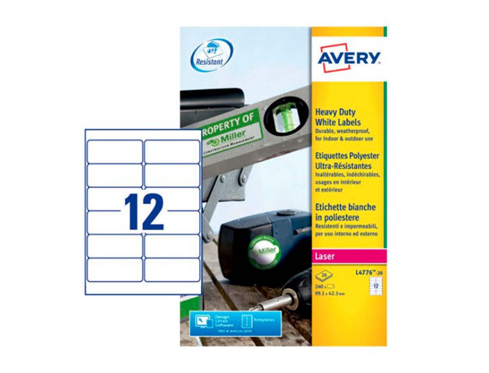 ETIQUETA ADHESIVA RESISTENTE AVERY POLIESTER BLANCO LASER 99,1X42,3 MM CAJA DE 240 UNIDADES