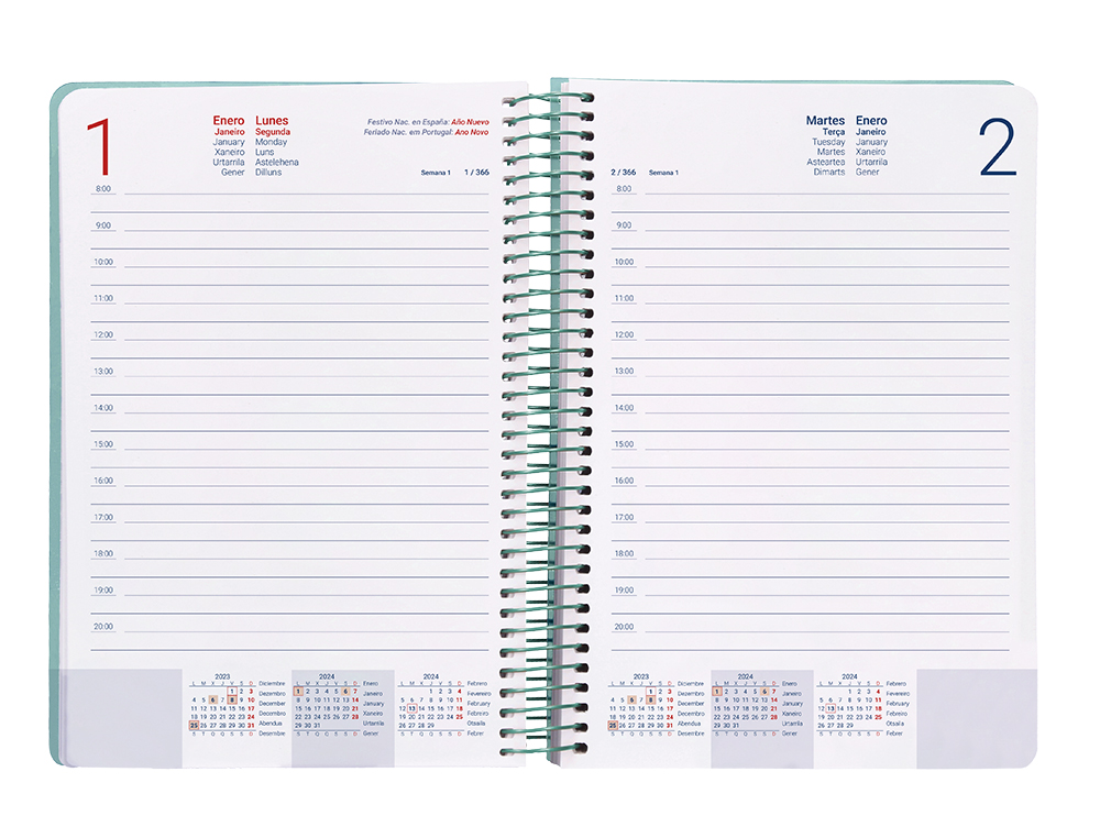 AGENDA ESPIRAL LIDERPAPEL CLASSIC A4 2024 DIA PAGINA PORTADA POLIPROPILENO PAPEL 70 GR COLOR VERDE