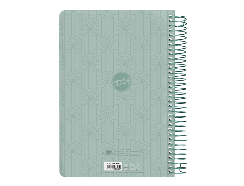 AGENDA ESPIRAL LIDERPAPEL CLASSIC A4 2024 DIA PAGINA PORTADA POLIPROPILENO PAPEL 70 GR COLOR VERDE