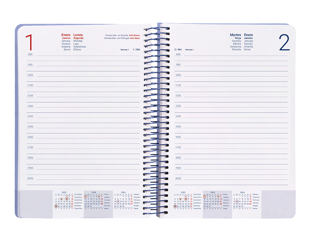 AGENDA ESPIRAL LIDERPAPEL CLASSIC A4 2024 DIA PAGINA PORTADA POLIPROPILENO PAPEL 70 GR COLOR AZUL