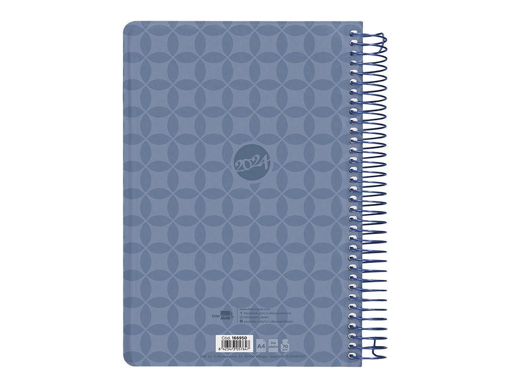 AGENDA ESPIRAL LIDERPAPEL CLASSIC A4 2024 DIA PAGINA PORTADA POLIPROPILENO PAPEL 70 GR COLOR AZUL
