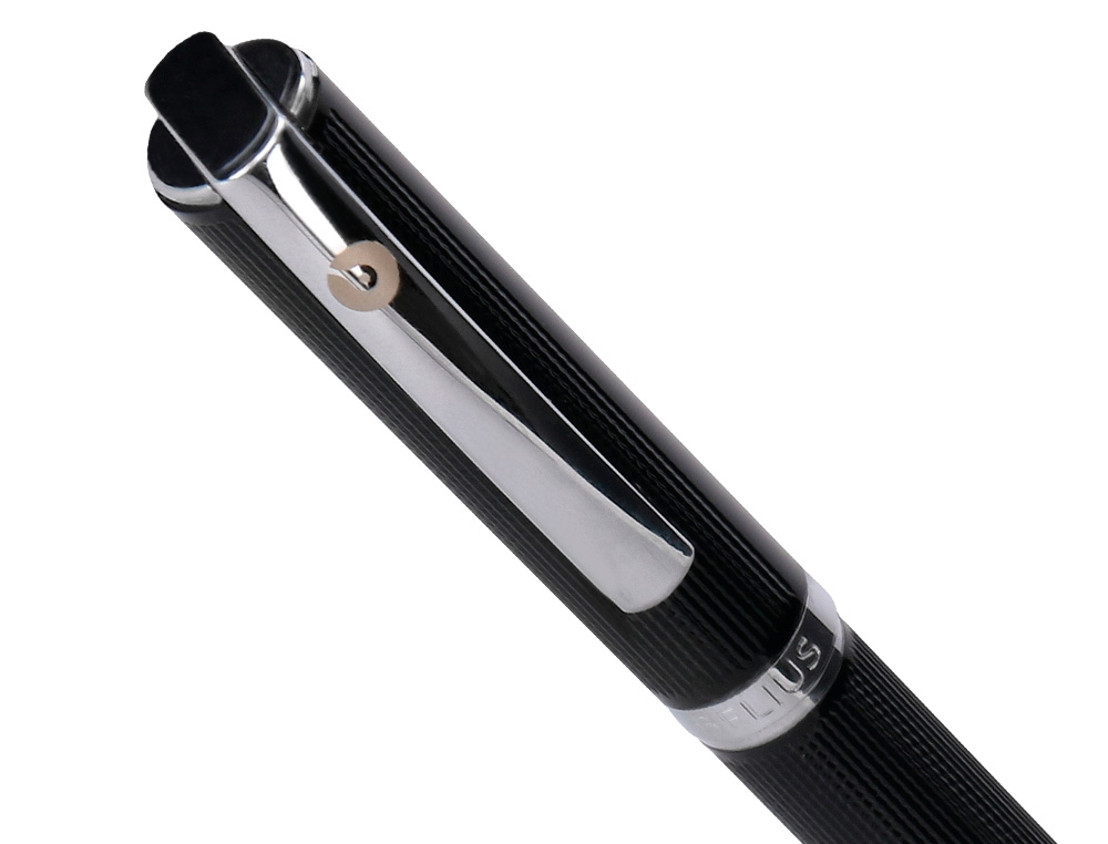 ROLLER Y ESTUCHE BELIUS TURBO ALUMINIO TEXTURA PUNTEADA NEGRO PLATEADO TINTA AZUL CAJA DE DISEO