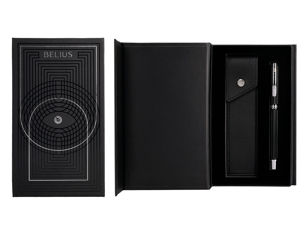 ROLLER Y ESTUCHE BELIUS TURBO ALUMINIO TEXTURA PUNTEADA NEGRO PLATEADO TINTA AZUL CAJA DE DISEO