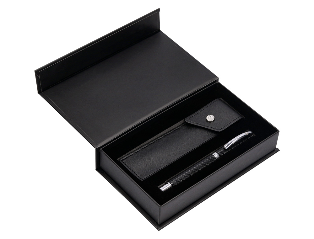 ROLLER Y ESTUCHE BELIUS TURBO ALUMINIO TEXTURA PUNTEADA NEGRO PLATEADO TINTA AZUL CAJA DE DISEO
